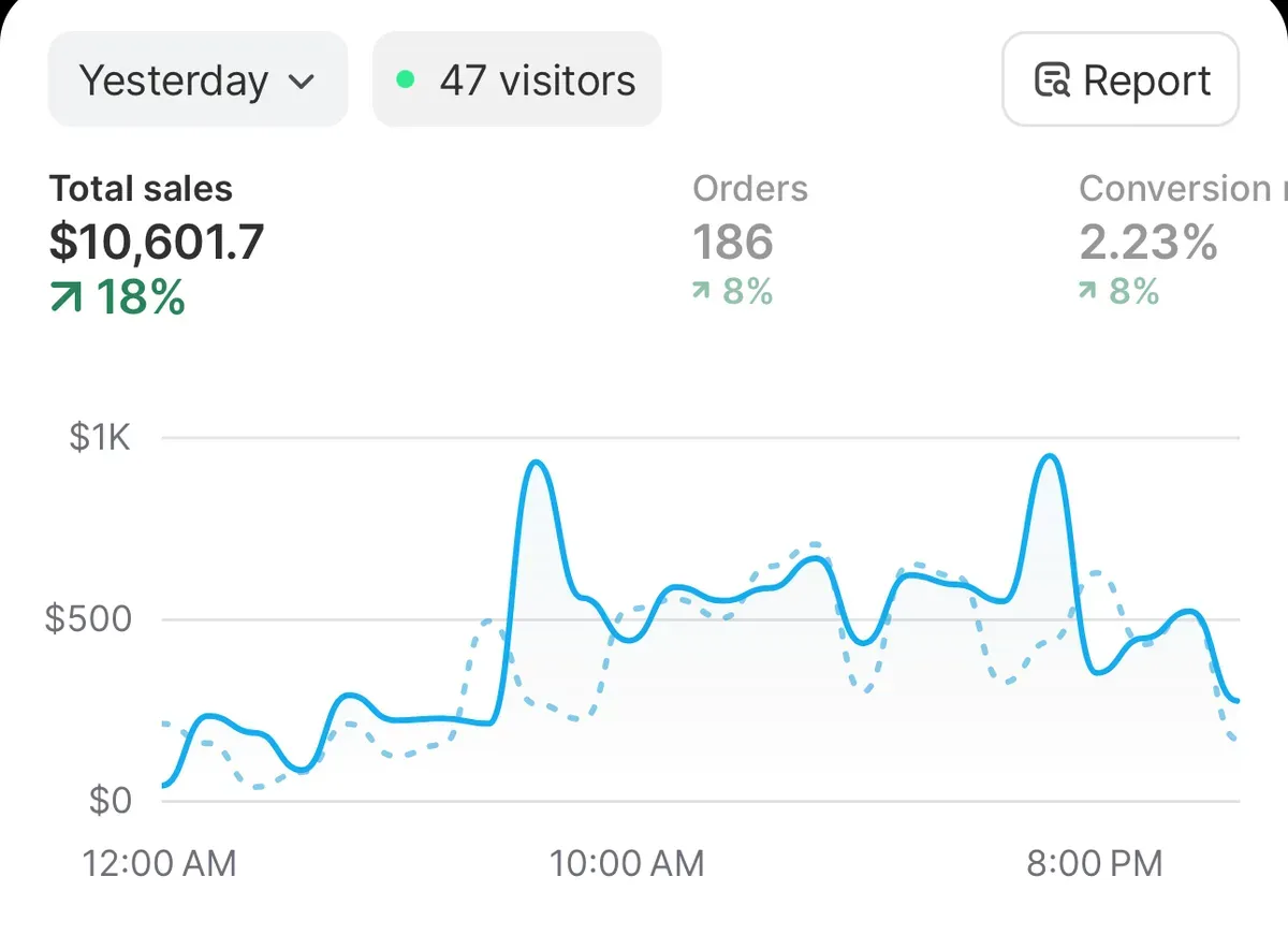 Shopify dashboard showing $10,601.70 in sales in a single day, up 18%, with 186 orders.